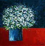 White Daisies on Red Cloth - Alison Cowan